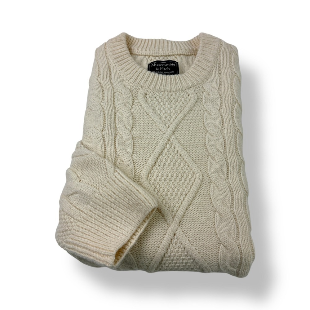 Abercrombie Fitch Cream Cable Knit Crewneck Sweater Men's XL Wool Blend‎